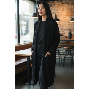 4703)Max Sport solid Open Front Black Long Cardigan Pockets Classy Medium